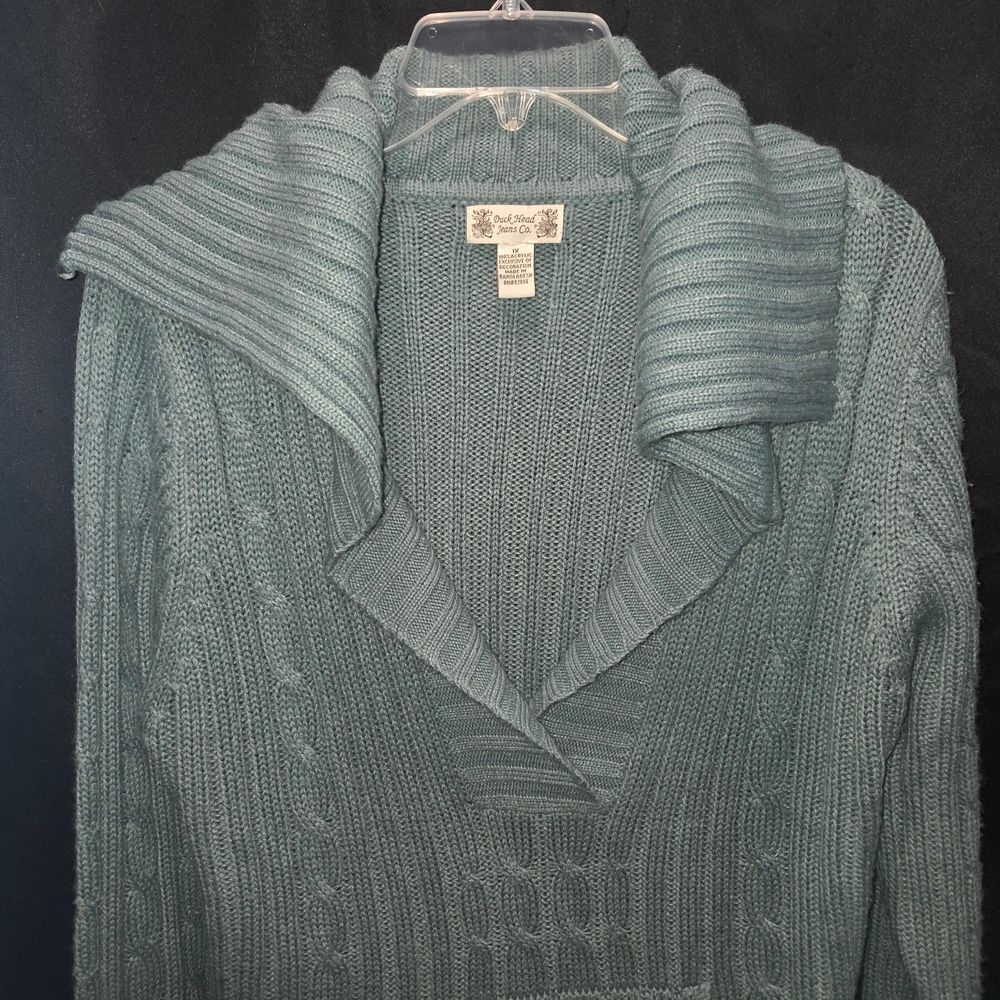 Duck Head Jeans 1X Cable Knit Shawl Collar Pullover Sweater Dusty Teal